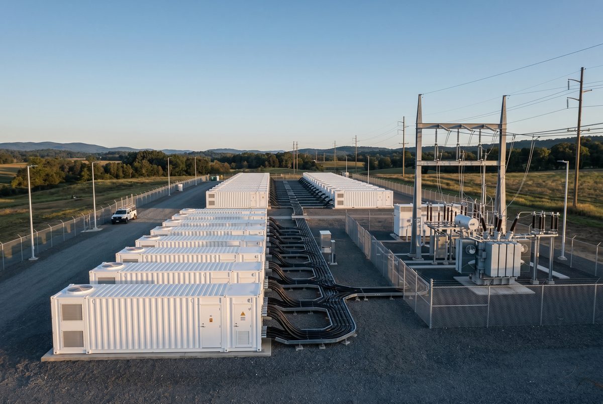 Großspeicher-Batteriecontainer neben einem Umspannwerk