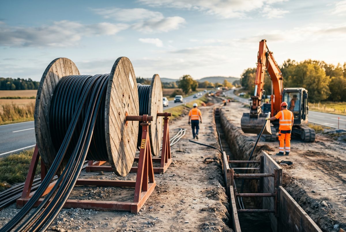 Baustelle für die Kabelverlegung mit Kabeltrommeln und einem offenen Graben