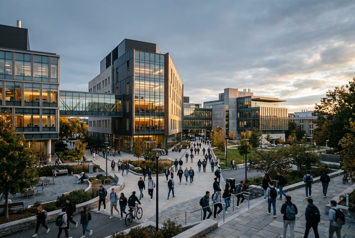University campus buildings connected by network infrastructure