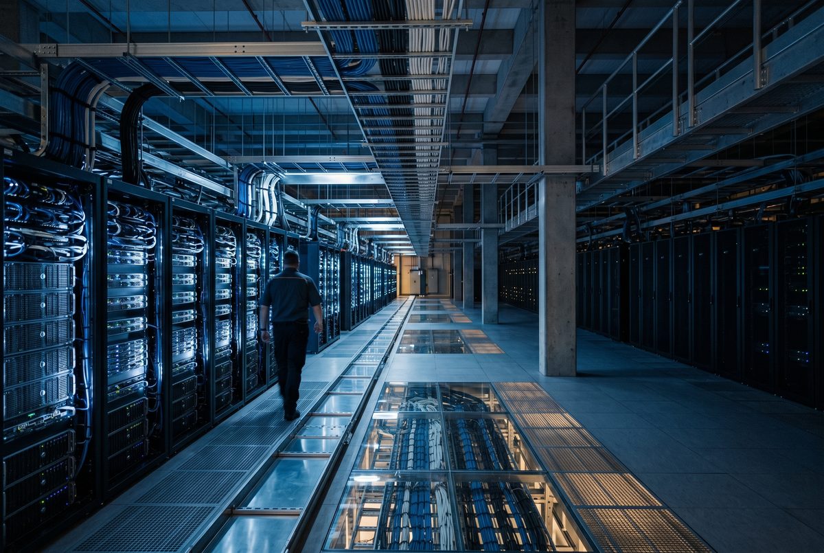 Structured cabling and server racks in a data centre hall