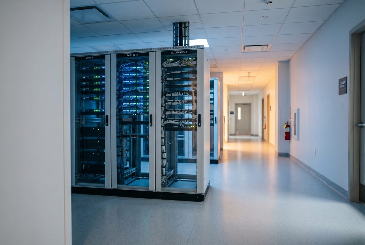Network cabinet and cabling in a modern hospital corridor