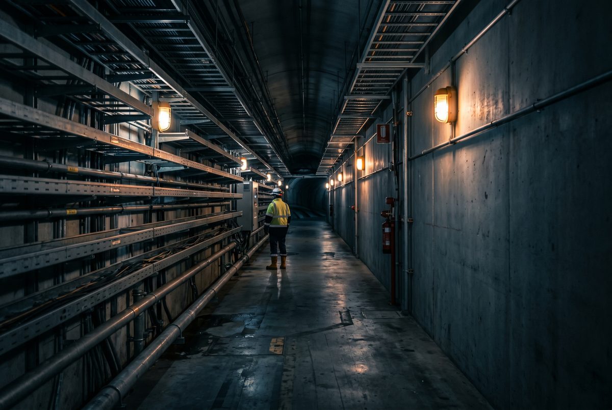 Tunnelinneres mit Kabelpritschen, wo Branderkennung gilt