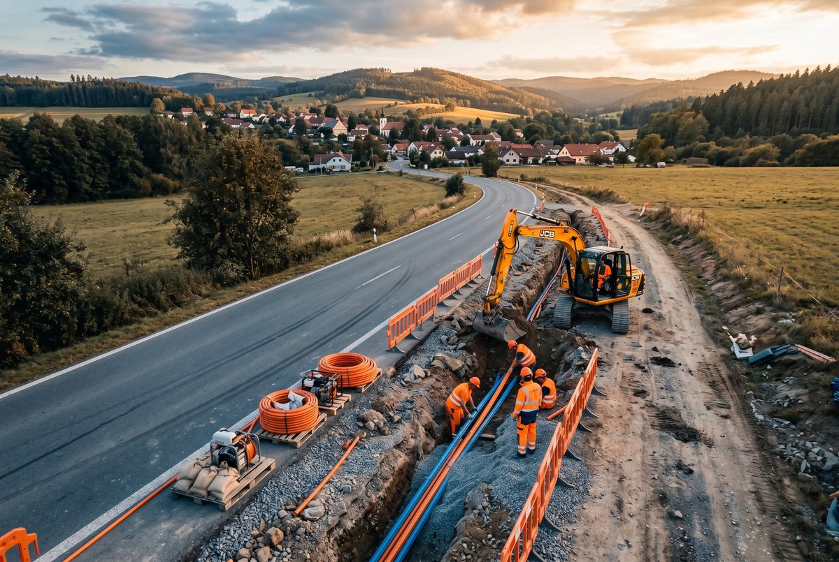 Regionales Glasfasernetz mit Grabenarbeiten entlang einer Landstraße