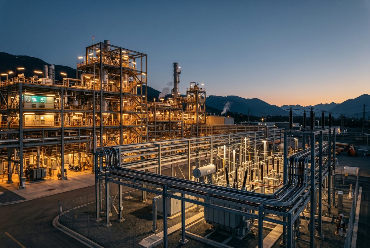 Industrieanlage mit Kabelpritschen und einem Transformatorenfeld in der Dämmerung