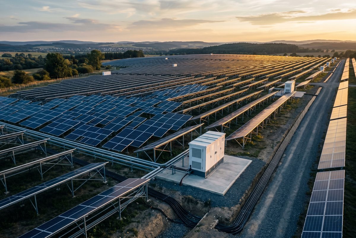Großer Solarpark mit Reihen von Photovoltaikmodulen bei tief stehender Sonne