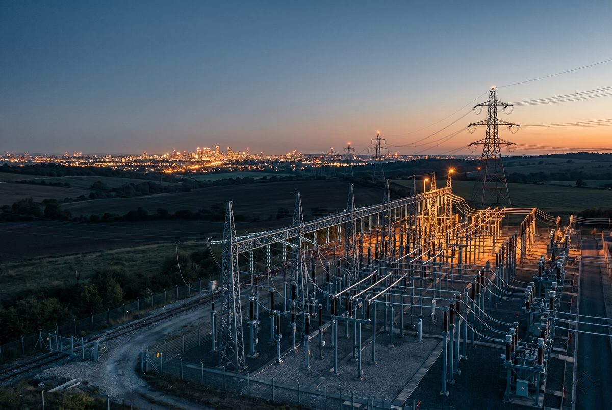 Umspannwerk und Hochspannungsmasten in offener Landschaft in der Dämmerung