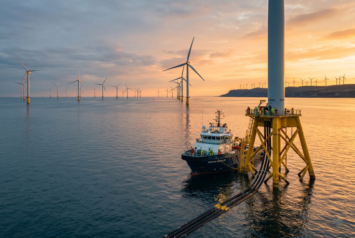 Offshore-Windturbinen auf See mit einem Versorgungsschiff im goldenen Licht